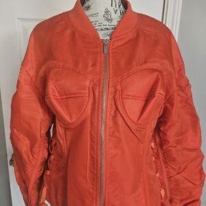 AKIRA Women's Orange Bralette Lace Bomber Jacket